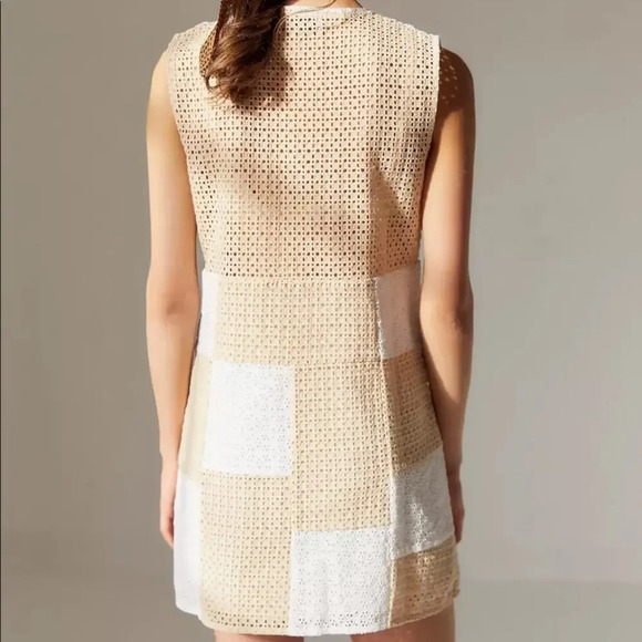 Urban Outfitters Kay Cream Tan Patchwork 70s Eyelet Shift Mini Dress Medium - Picture 15 of 15